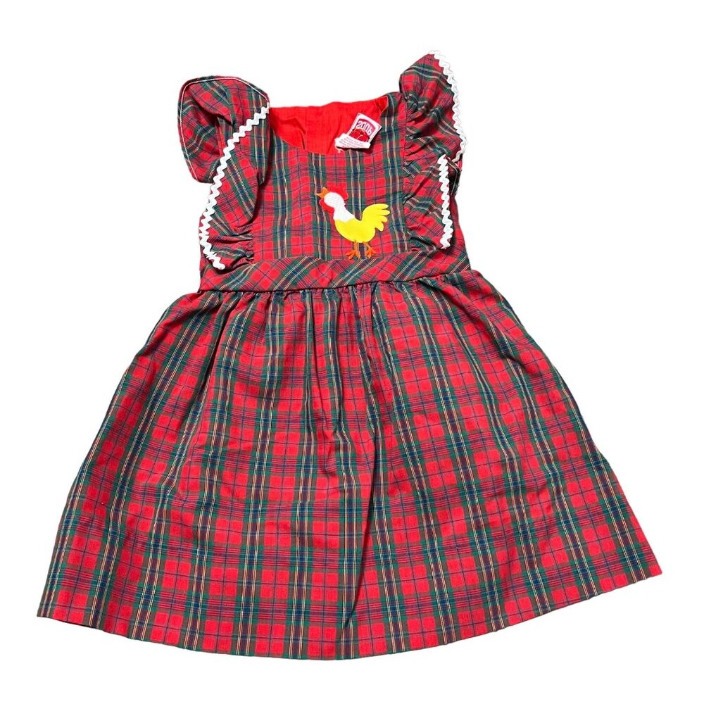 VTG 70s Chocolate Soup Girls Red Green Tartan Plaid Ruffle Chicken Dress Size 4